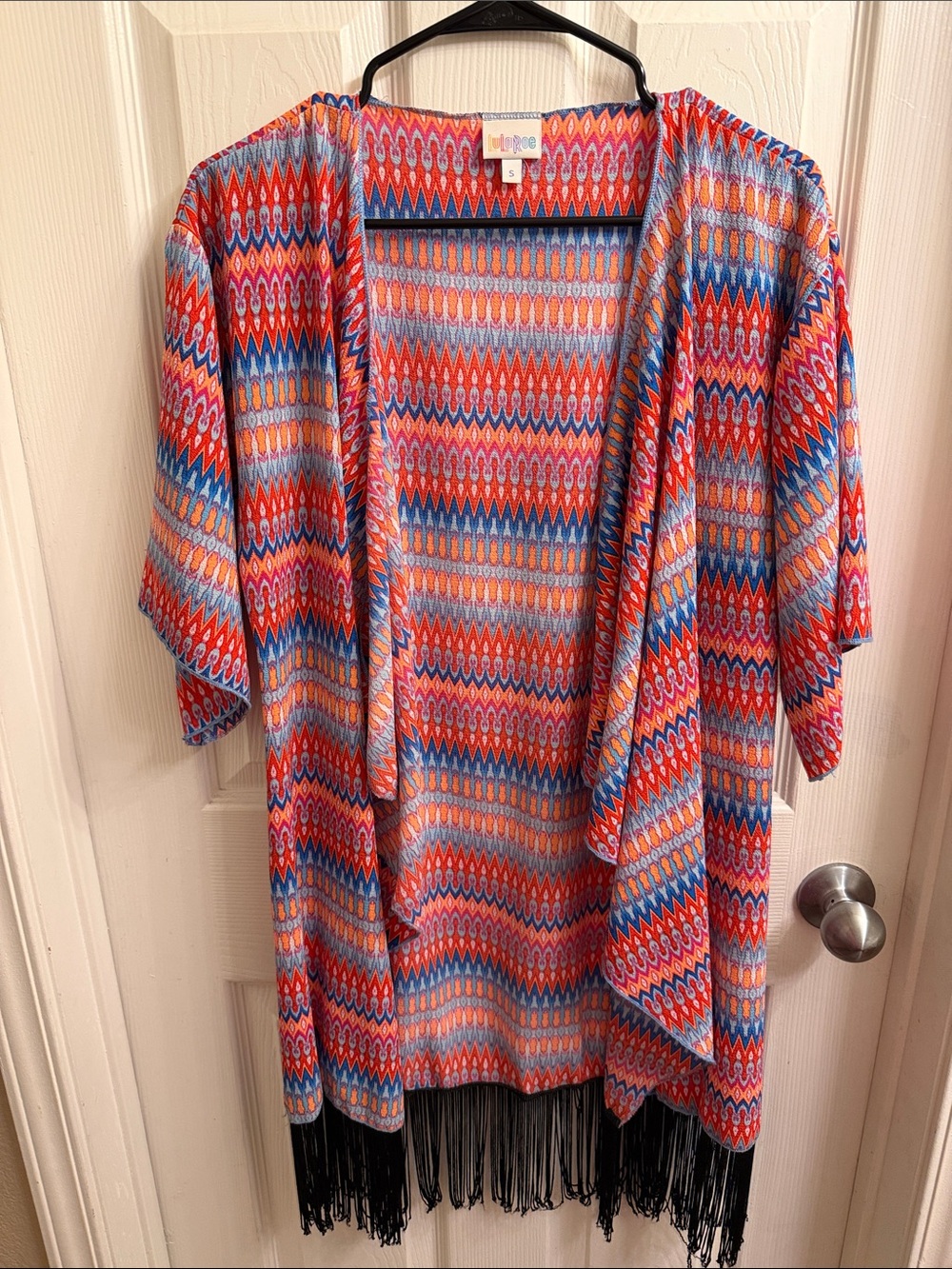 LuLaRoe Open-Front Fringe Kimono in Red, Blue, Pink